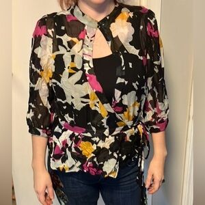 Diane VonFurstenberb sheer Floral Wrap Blouse - Black, Pink, Yellow